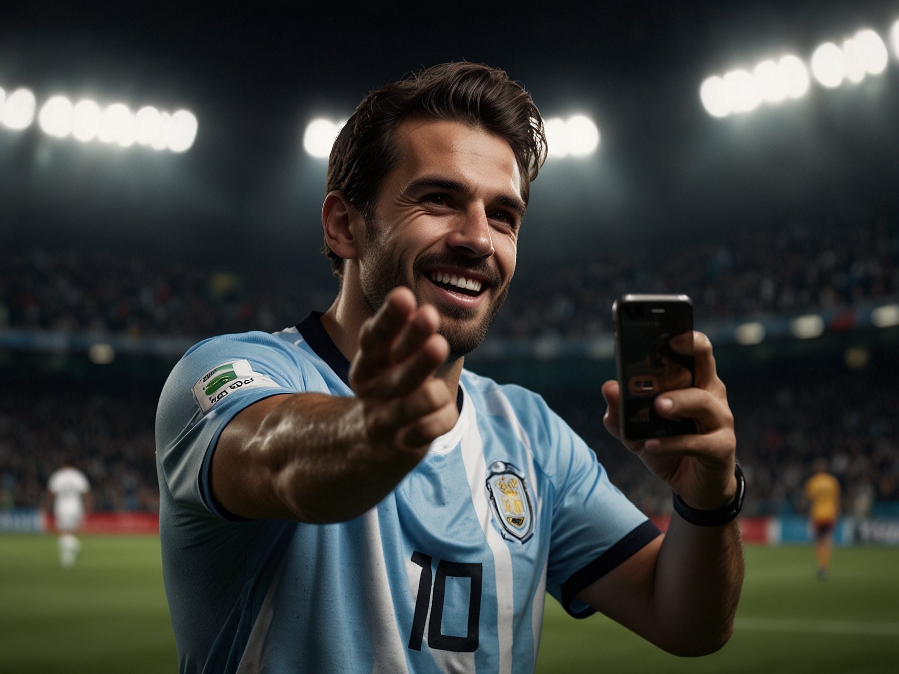 Jugador celebrando con teléfono - Betano Argentina